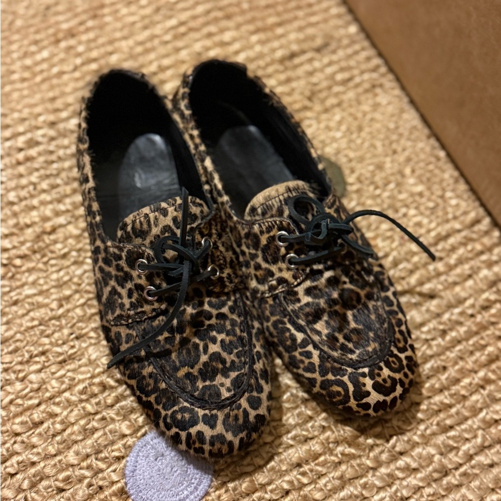 Massimo Dutti Women's Leather Fashion Round Toe Leopard Print Lace-up Loafers - Picture 2 of 7